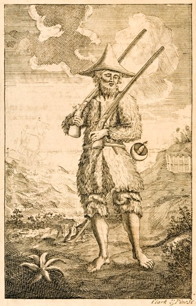 Robinson Crusoe, Frontispiz-Illustration, die den angeblichen Autor Crusoe am Ufer mit Musketen und Schwert zeigt, aus Die Leben und seltsamen überraschenden Abenteuer von Robinson Crusoe von English School